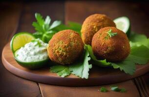 ai genererad purim, traditionell jewish maträtt, nationell jewish kök, falafel och gurka sås, friterad kikärt biffar, vegan kök foto