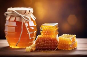 ai genererad internationell honung dag, värld bi dag, glas burk av honung, vaxkaka, honung sked, bokeh bakgrund foto