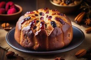 ai genererad st. davids dag, nationell welsh kök, runda traditionell bara brith, skön servering, kryddor och torkades frukter, aptitretande Foto