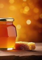 ai genererad internationell honung dag, värld bi dag, glas burk av honung, honungskakor, bokeh bakgrund, vertikal baner, plats för text foto