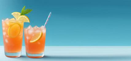 ai genererad horisontell baner, sommar frukt cocktail, alkoholhaltig dryck med is, alkoholfri citrus- citronsaft, plats för text foto