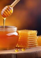 ai genererad vertikal vykort, internationell honung dag, värld bi dag, honung burk, vaxkaka, naturlig blomma honung foto
