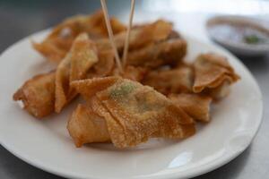 lätt recept, mellanmål, mald fläsk kött fylld friterad wontons foto