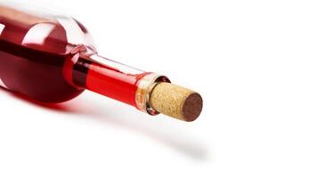 närbild av en röd vin flaska på en vit bakgrund. foto