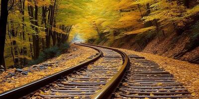 ai genererad tåg järnväg väg sätt transport utanför natur landskap se. äventyr falla säsong foto