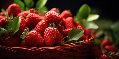 ai genererad färsk rå vegetarian röd grön bär jordgubb i korg. marknadsföra växt jordbrukare skörda foto