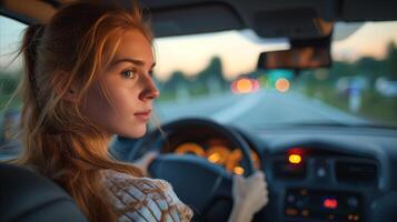 ai genererad självsäker kvinna körning bil på solnedgång på pittoresk väg foto