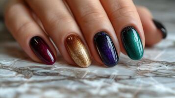 ai genererad elegant flerfärgad glitter nagel putsa på kvinna hand foto