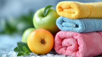 ai genererad färgrik spa handdukar och färsk citrus- frukt arrangemang på snöig yta foto