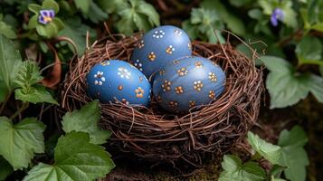 ai genererad tre blå målad ägg i trädgård bo foto