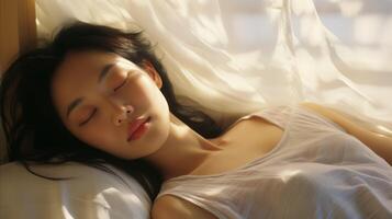 ai genererad asiatisk kvinna vilar i säng med stängd ögon foto