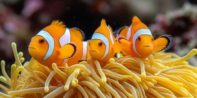 ai genererad grupp av clown fisk vilar på anemon foto