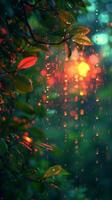ai genererad frodig grönska och blänkande regndroppar med bokeh ljus effekt foto