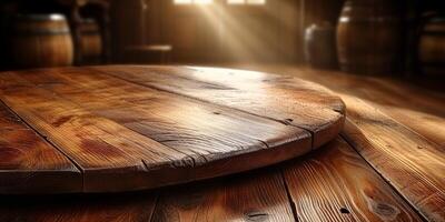 ai genererad värma solljus på ett tömma rustik trä- tabell i en årgång miljö foto