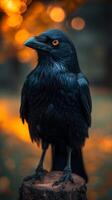 ai genererad svart fågel uppflugen på träd stubbe foto