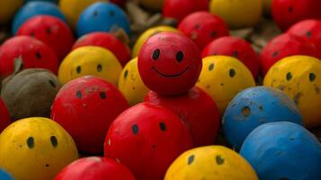 ai genererad Lycklig röd leende på en leende ansikte boll omgiven förbi färgrik sfärer foto