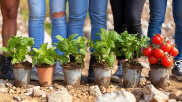 ai genererad gemenskap trädgårdsarbete begrepp med volontärer plantering vegetabiliska plantor foto