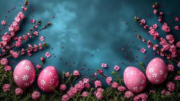 ai genererad grupp av rosa ägg på frodig grön fält foto