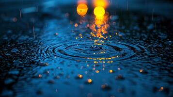 ai genererad regndroppar faller på vatten yta med lysande bokeh lampor bakgrund foto