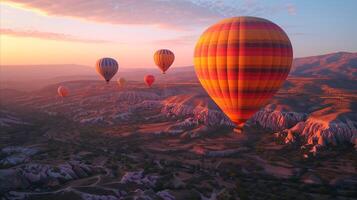 ai genererad grupp av varm luft ballonger flygande över en dal foto