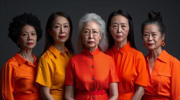 ai genererad porträtt av fem mogna asiatisk kvinnor i vibrerande orange klädsel mot grå bakgrund foto