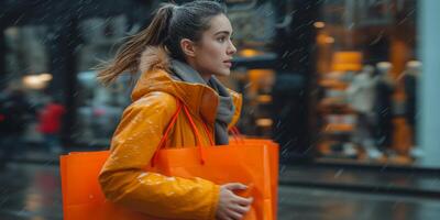 ai genererad ung kvinna handla i regn med orange väska, stad livsstil begrepp foto