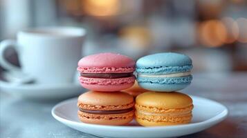 ai genererad färgrik franska macarons på en tallrik med suddig kaffe kopp bakgrund foto