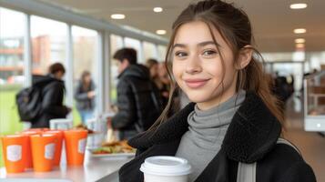 ai genererad leende ung kvinna njuter kaffe ha sönder på upptagen universitet matsal foto