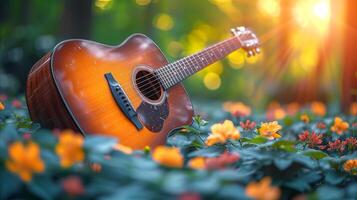 ai genererad gitarr bland blommor foto
