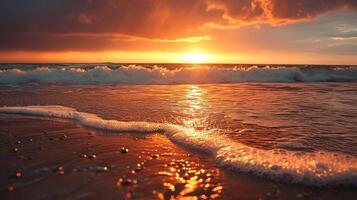 ai genererad solnedgång målarfärger en lugn strand med gyllene sandstrand kysste förbi mild vågor, ai genererad foto