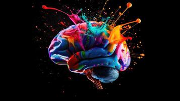 ai genererad färgrik måla stänk och droppar smycka en mänsklig hjärna, symboliserar kreativitet och trodde. konstnärlig, ai genererad. foto