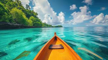 ai genererad en kanot glider över turkos tropisk vattnen nära en sandig strand, en naturskön paradis, ai genererad. foto
