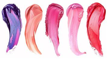 ai genererad en uppsättning av färgrutor av läpp glans, flytande läppstift, rosa nyanser. kosmetisk produkt foto