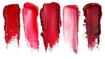 ai genererad uppsättning av matt läppstift färgprover, röd och rosa nyanser. kosmetisk produkt foto