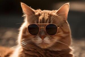 ai genererad porträtt av eleganta ingefära katt i solglasögon på solig dag utomhus. djur- generativ ai foto