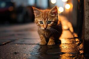 ai genererad söt liten kattunge utomhus på en regnig natt. hemlös eller förlorat ledsen röd sällskapsdjur på våt trottoar foto