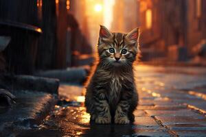 ai genererad hemlös ledsen ingefära sällskapsdjur på våt trottoar, förlorat ingefära kattunge utomhus på natt foto