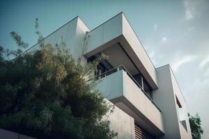 ai genererad arkitektur stil minimalism. modern minimalistisk hus exteriör, närbild balkong och tak. generativ ai foto