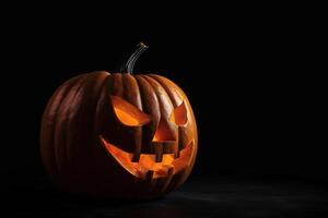 ai genererad höst Semester traditionell halloween begrepp. pumpa med en ristade ondska halloween ansikte på mörk bakgrund. generativ ai foto