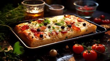 ai genererad pizza med mozzarella, tomater och oliver på trä- bakgrund. foto
