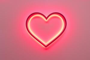 ai genererad lysande neon hjärta Foto ram på rosa bakgrund i minimal stil.