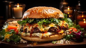 ai genererad ost burger - amerikan ost burger med färsk sallad på trä- bakgrund. foto