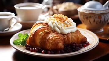 ai genererad frukost med kaffe och croissanter på trä- tabell. foto