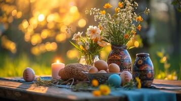 ai genererad utomhus- påsk tabell miljö med vaser av vår blommor, belyst ljus, målad ägg. ai genererad foto