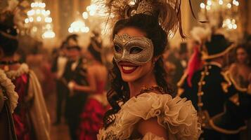 ai genererad kvinna med guld mask och fjädrar. elegant mardi gras maskerad boll i herrgård. ai genererad foto