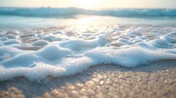 ai genererad tropisk sandig strand med hav vågor och vit sand erbjudanden en skön havet fly, ai genererad. foto