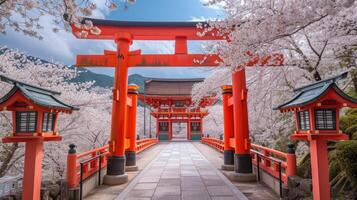 ai genererad ikoniska röd Port och körsbär blommar i Kyoto, Japan, skapa en skön scen, ai genererad. foto