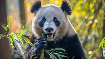 ai genererad förtjusande panda mumsar på bambu, dess fluffig päls kontrasterande mot frodig grönska, ai genererad. foto