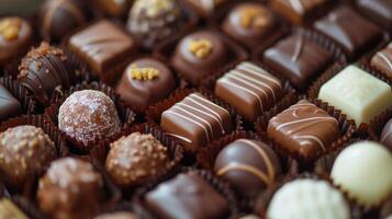 ai genererad blandad rader av ljuvlig choklad sötsaker inbäddat i en charmig låda. frestande, ai genererad. foto