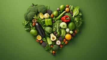 ai genererad hjärta formad färsk grönsaker på grön bakgrund, ai genererad foto